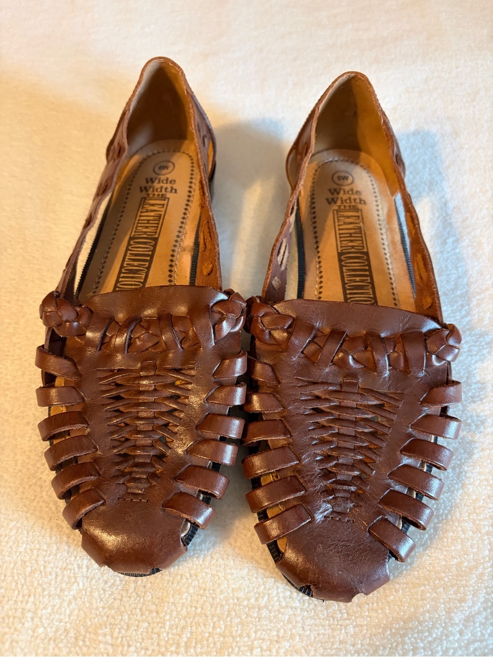 The Leather Collection Vintage WideWidth Brown Woven Leather Loafer Flat Sandals